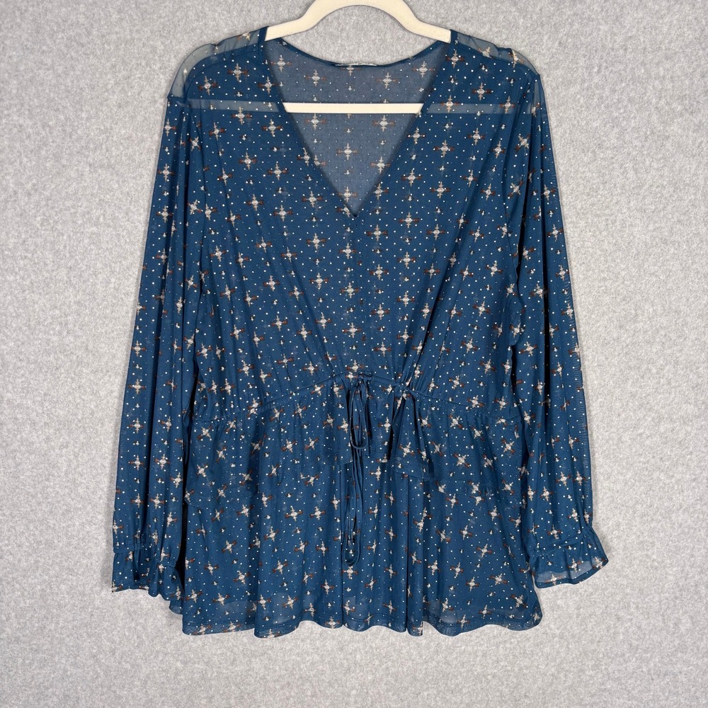 Babydoll Sheer Mesh Peplum Top XXL Teal Ruffle Shimmer Sparkle Peasant Celestial